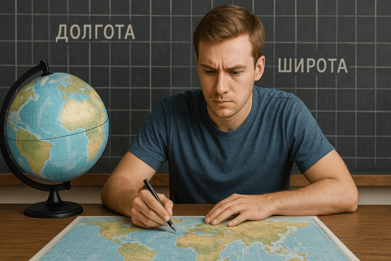ученик изучает широту и долготу